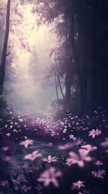 Misty Forest Stream with Blooming Pink Flowers and Atmospheric Light.