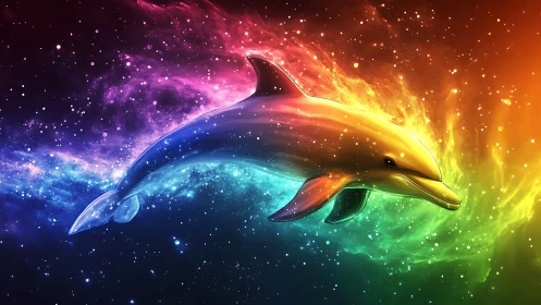 Stellar rainbow dolphin slices through a neon cosmic tide