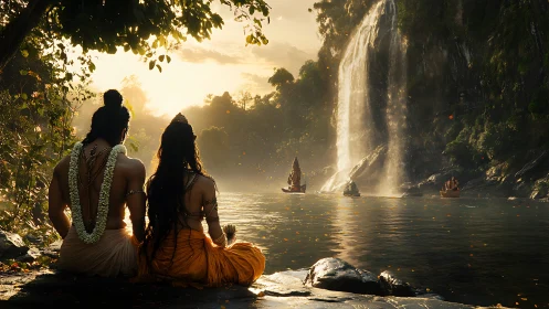 Mythic figures by riverbank facing boats and tall waterfall.