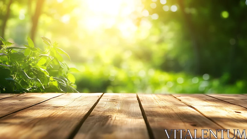 Sunlit Wooden Table in Lush Green Garden, Soft Focus Background.
