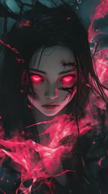 Female character with luminous red eyes is framed by red smoke