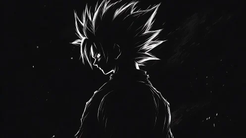 Brooding anime hero outlined in bold white against night.