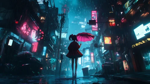 Girl with red umbrella wandering neon rain city streets.