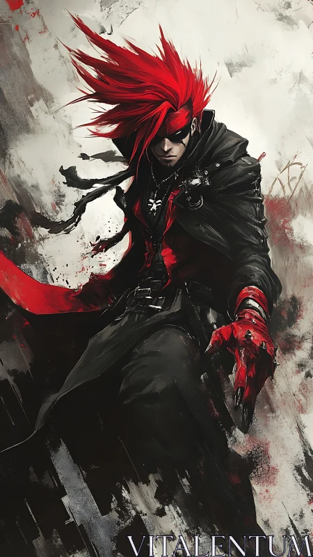 Red haired antihero in black coat amid abstract motion.
