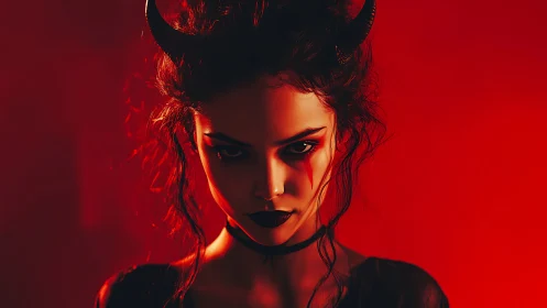 Demonic portrait in red chiaroscuro with stylized horns.