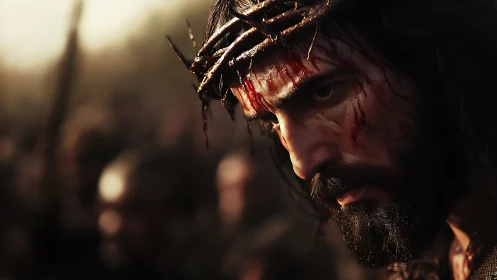 Sorrowful bearded man in thorn crown with bloodstained face.