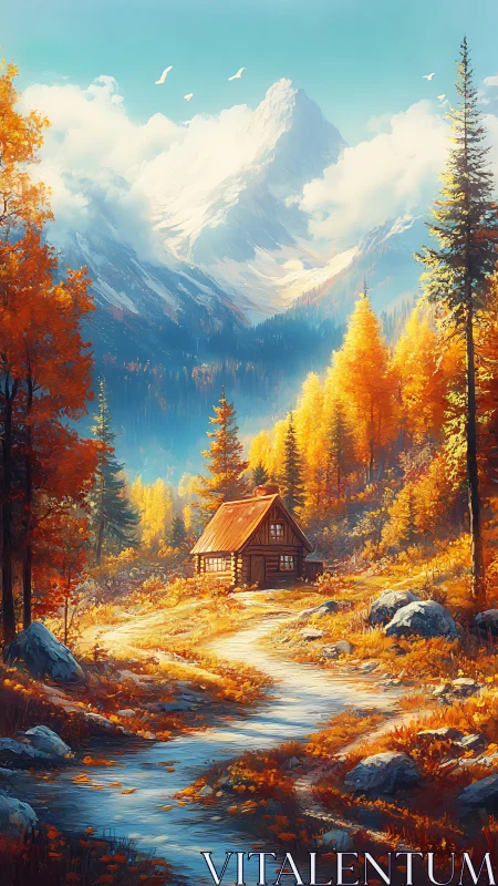 Mountain cabin in bright autumn forest valley scene.