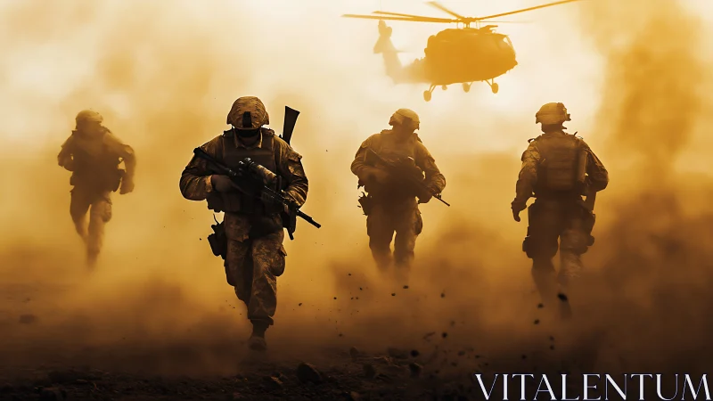 Soldiers advance through heavy dust as helicopter hovers above