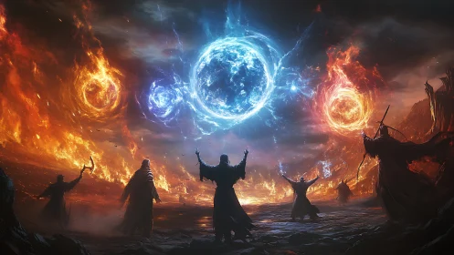 Robe clad sorcerers channel vast fiery and icy orbs