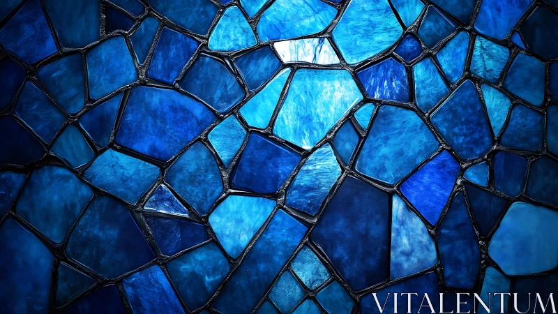 Blue stained glass mosaic with abstract geometric pattern.