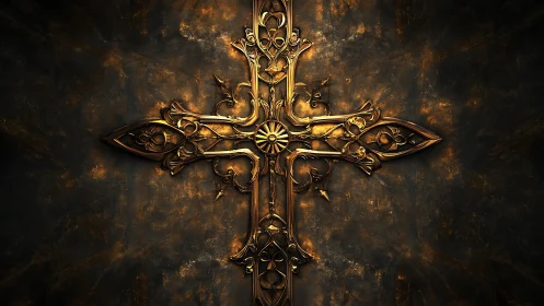 Golden ornate cross glows gently against a dark rustic wall