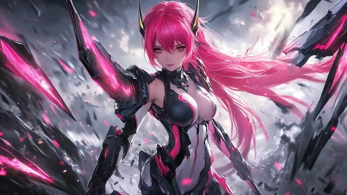 Cybernetic pink-haired mech warrior in storm of shards.