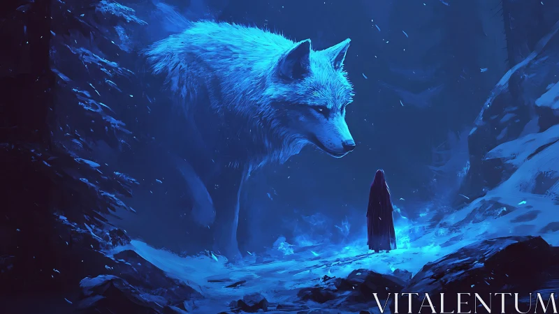 Gigantic spirit wolf confronts cloaked figure in icy forest