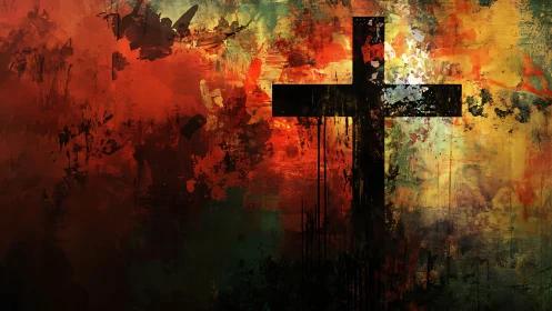 Burning dusk cross emerging from storm-washed colors.