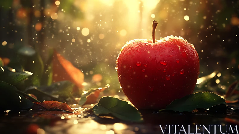 Red apple in sunlit forest dew with cinematic glow.