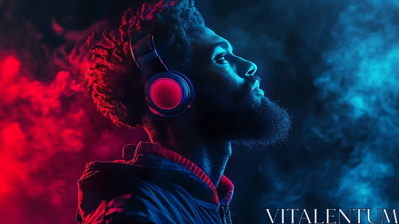 Man in headphones in red and blue neon smoke profile view.