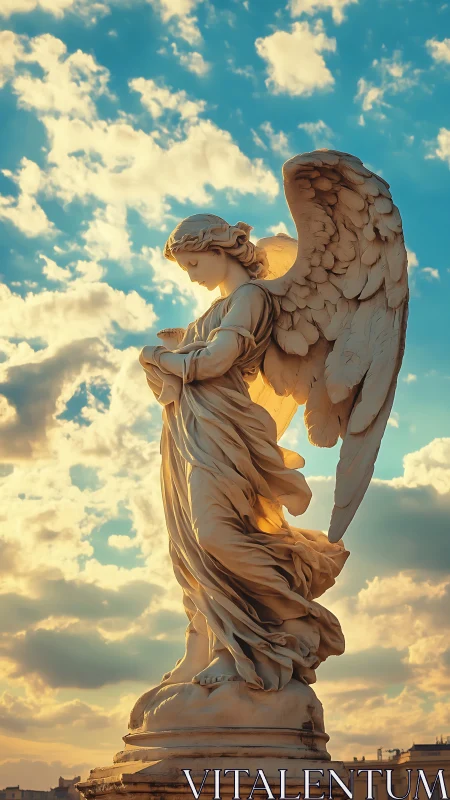 Sunlit angel statue rises serenely against dramatic skies