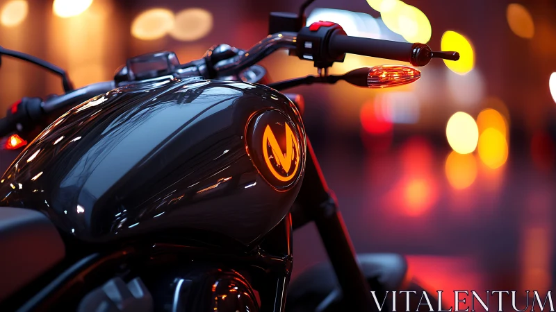 Motorcycle fuel tank reflects blurred city night lights clearly