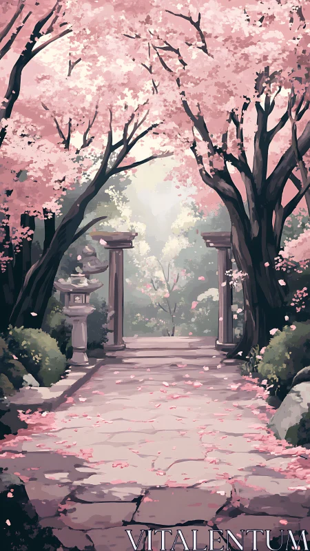 Stone garden path extends under dense pink blossom canopy