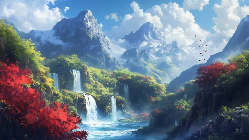 Digital landscape with waterfalls, river and mountain peaks.