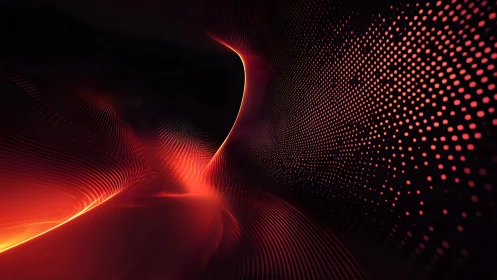 Abstract red neon wave with glowing dots and lines in digital art.