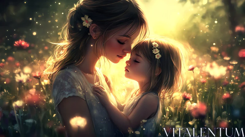 Luminescent Maternal Bond: Two Figures in Effulgent Floral Field.