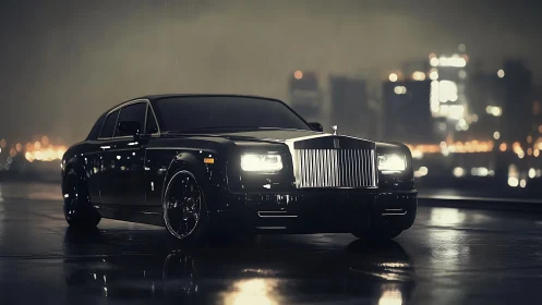 Midnight luxury sedan shining over rain soaked city streets.