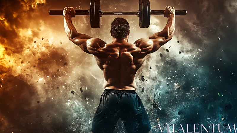 Muscular athlete lifts barbell amid explosive dual-color storm
