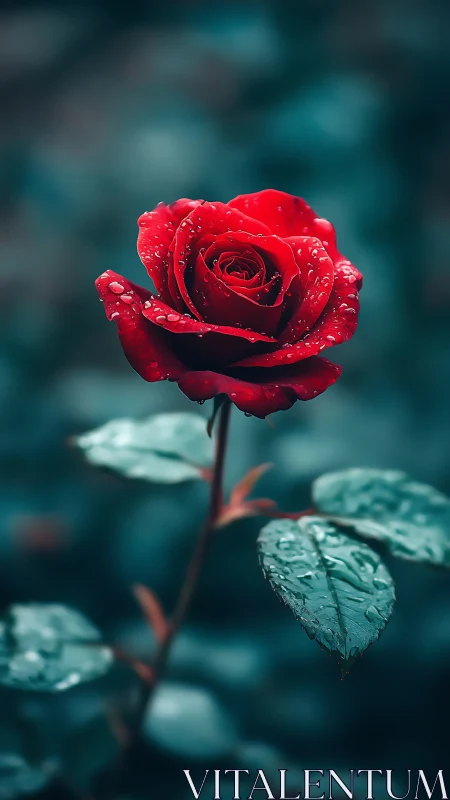Red Rose with Water Droplets Against Teal Blurred Backdrop