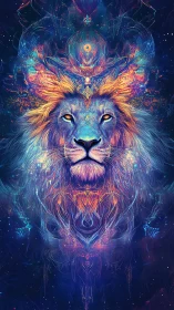 Celestial lion spirit glowing in neon cosmic colors.