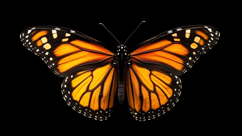 Monarch butterfly wingspan in sharp high-contrast detail.