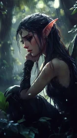 Elf figure seated in rainy forest with reflective posture.