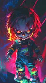 Neon-lit killer doll stands menacingly in chaotic glow.
