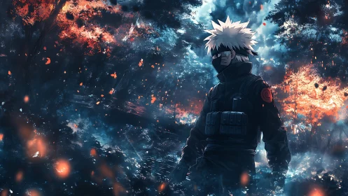 Calm masked warrior strolling through a glowing forest night.