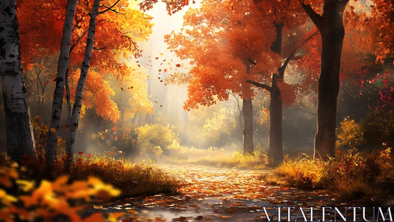 Autumn's Luminous Cathedral: Where Falling Leaves Dance Through Golden Light