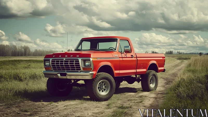 Bright red vintage pickup truck rests on a quiet country road
