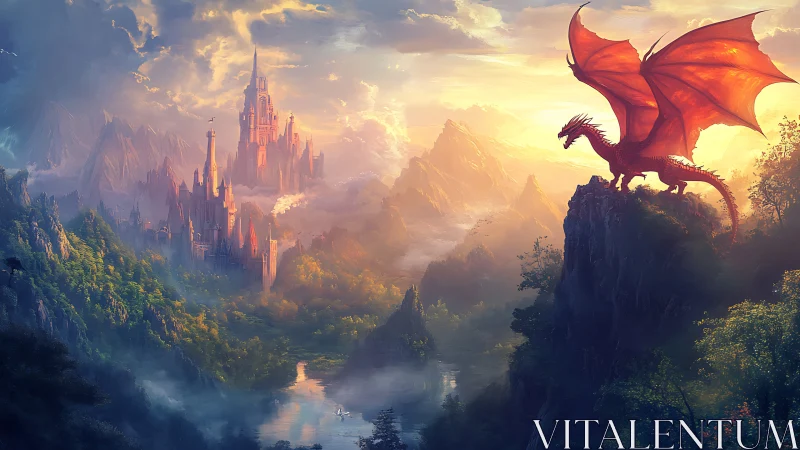 Crimson dragon overlooks sunlit fantasy castle realm.