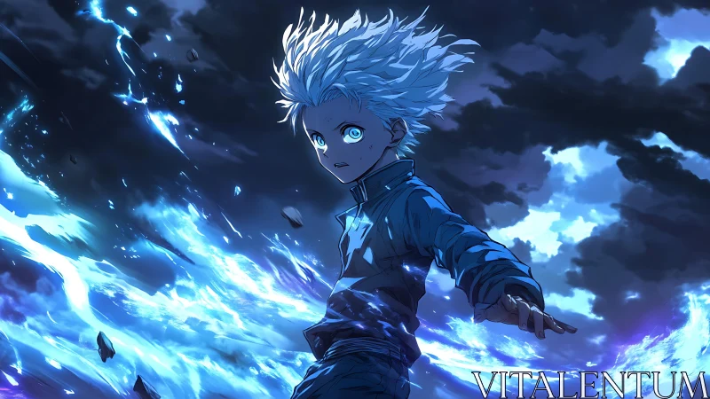 White haired anime boy controls blue lightning in storm