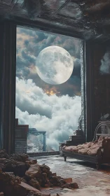 Moon over ruined bedroom with clouds beyond doorway.