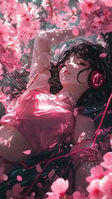 Anime sakura soundscape with reclining girl in pink light.