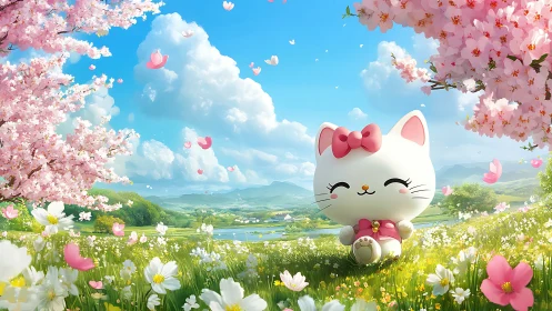 Springtime kitty daydreams beneath clouds of drifting blossom