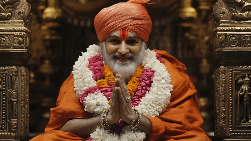 Elderly Hindu guru in orange robe with folded hands.