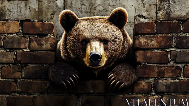 Hyperreal ursine emergence through fractured brick barrier.