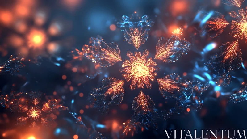 Fractal snowflake clusters in bioluminescent bokeh field.
