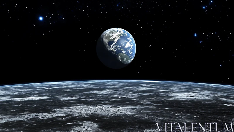 Earth rises above stark lunar horizon in silent space.