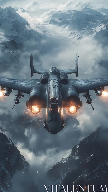 Stormborn strike jet roaring through frozen mountain fire.