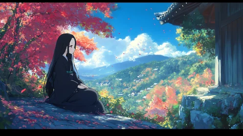Quiet girl in black kimono above vivid autumn valley.