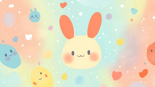 Pastel bunny faces floating in soft dreamy rainbow space.