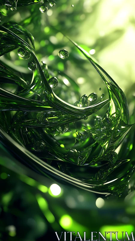 Emerald liquid strands twist around suspended crystal drops.