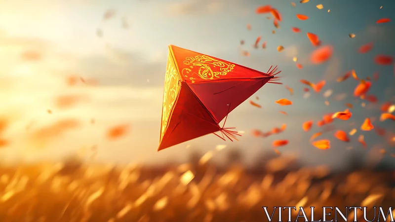 Crimson geometric kite gliding through golden sunset field.